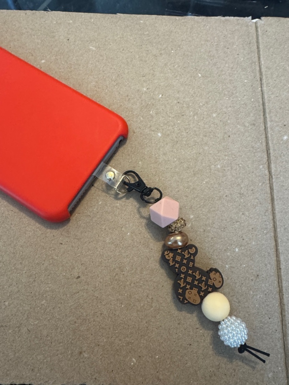 Red Phone Case with Pink & Neutral Beaded Charm